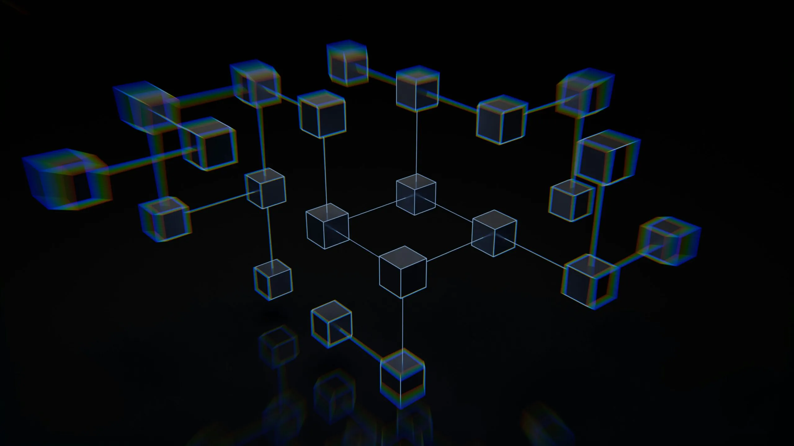 blocks floating in an empty black space with connections between some